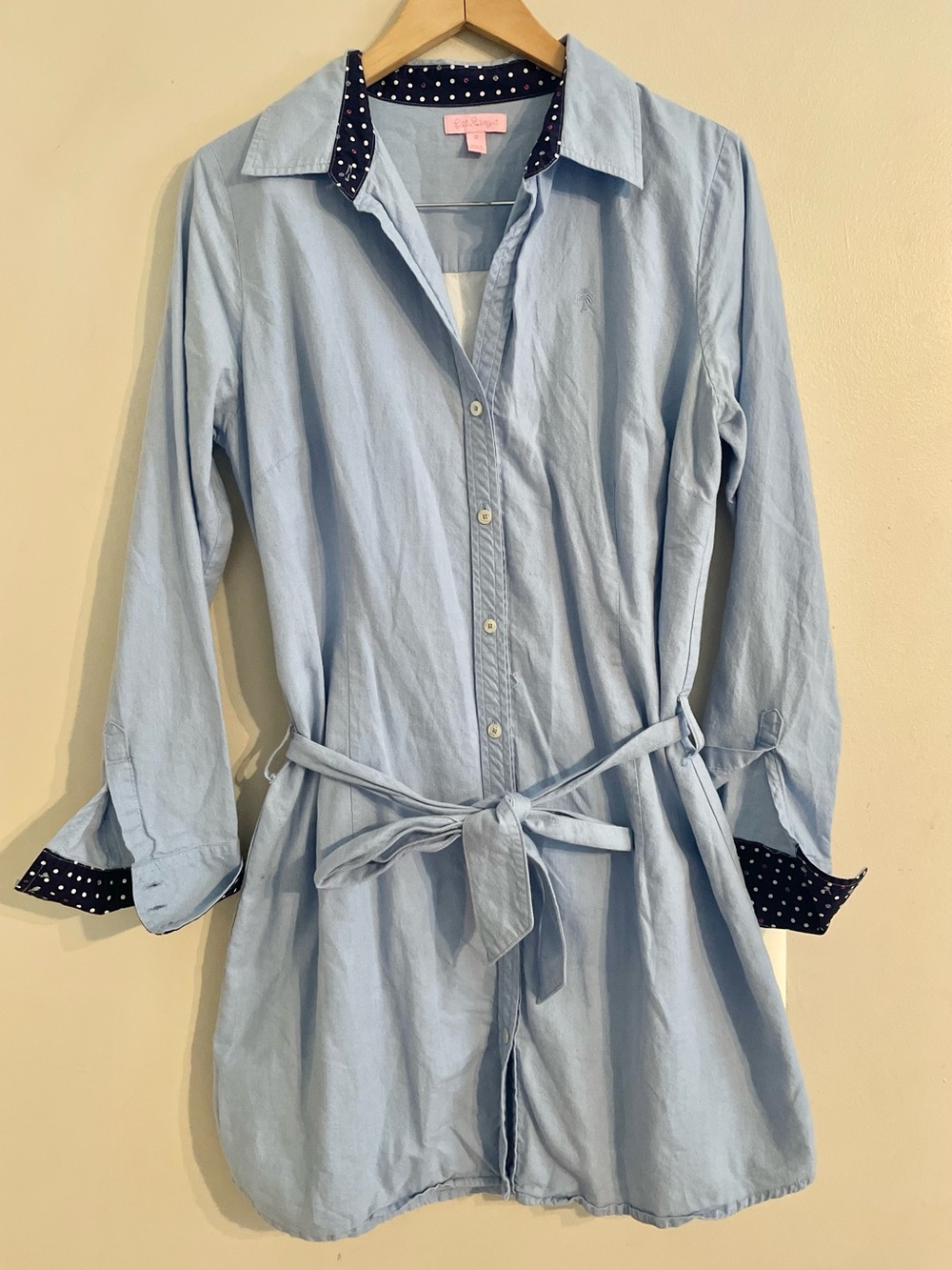 Lilly Pulitzer Light Blue Shirt Dress with Navy Polka Dot Trim Sz 12- EUC